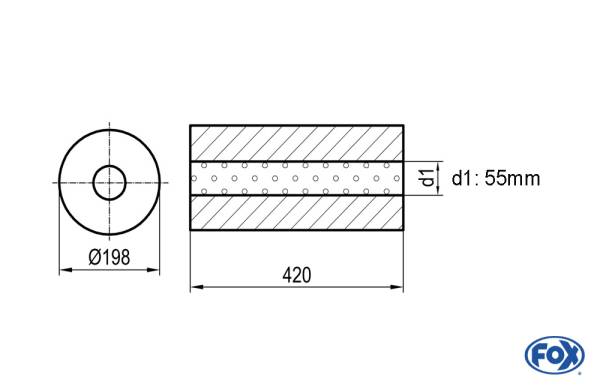 Uni-Schalldämpfer rund ohne Stutzen - Abwicklung 626 Ø 198mm, d1Ø 55mm, Länge: 420mm -Ø 198mm