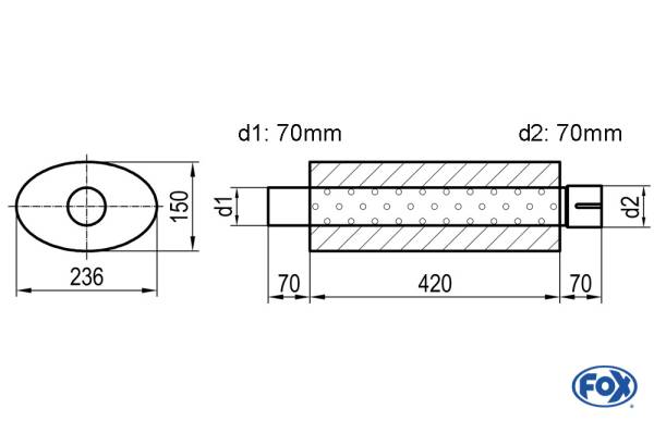 Uni-Schalldämpfer oval mit Stutzen - Abwicklung 618 236x150mm, d1Ø 70mm d2Ø 70,5mm, Länge: 420mm