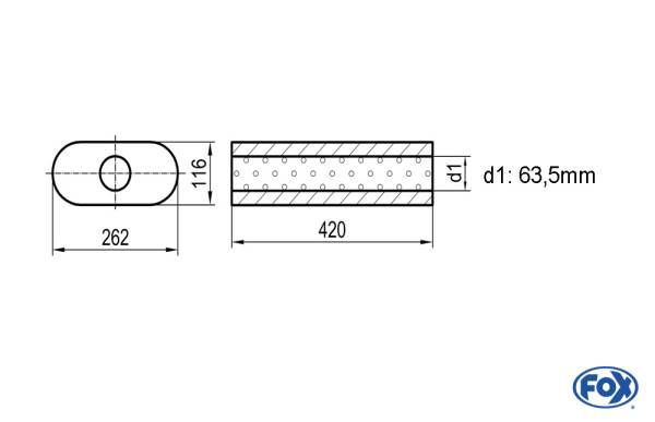 Uni-Schalldämpfer oval ohne Stutzen - Abwicklung 650 262x116mm, d1Ø 63,5mm, Länge: 420mm