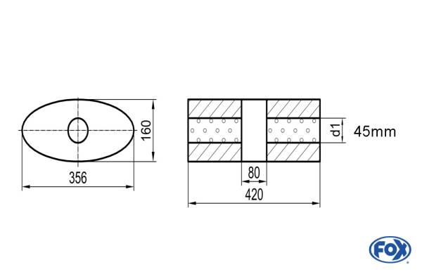 Uni-Schalldämpfer oval ohne Stutzen mit Kammer - Abw. 818 356x160mm, d1Ø 45mm, Länge: 420mm