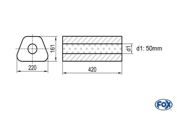 Uni-Schalldämpfer Trapezoid ohne Stutzen - Abwicklung 644 220x161mm, d1Ø 50mm, Länge: 420mm