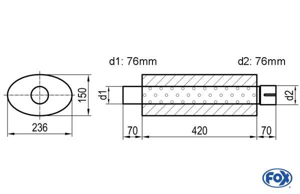 Uni-Schalldämpfer oval mit Stutzen - Abwicklung 618 236x150mm, d1Ø 76mm d2Ø 76,5mm, Länge: 420mm