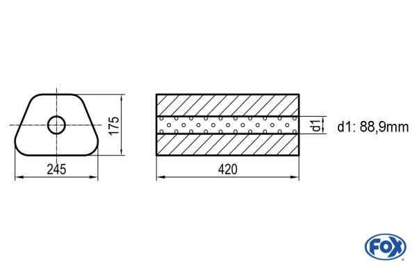 Uni-Schalldämpfer Trapezoid ohne Stutzen - Abwicklung 711 245x175mm, d1Ø 88,9mm außen - Länge: 420mm