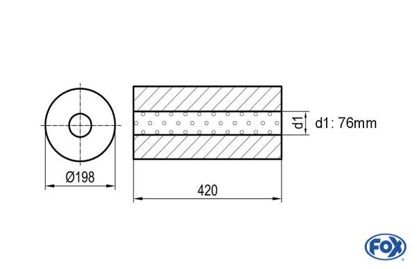 Uni-Schalldämpfer rund ohne Stutzen - Abwicklung 626 Ø 198mm, d1Ø 76mm, Länge: 420mm -Ø 198mm