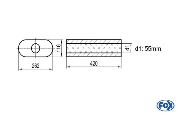 Uni-Schalldämpfer oval ohne Stutzen - Abwicklung 650 262x116mm, d1Ø 55mm, Länge: 420mm