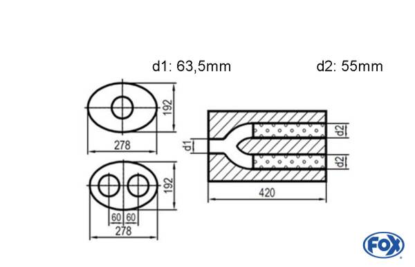 Uni-Schalldämpfer oval zweiflutig mit Hose - Abwicklung 754 278x192mm, d1Ø 63,5mm d2Ø 55mm, Länge: