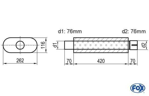 Uni-Schalldämpfer oval mit Stutzen - Abwicklung 650 262x116mm, d1Ø 76mm d2Ø 76,5mm, Länge: 420mm