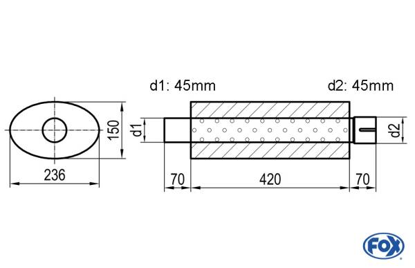 Uni-Schalldämpfer oval mit Stutzen - Abwicklung 618 236x150mm, d1Ø 45mm d2Ø 45,5mm, Länge: 420mm