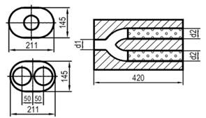 Uni-Schalldämpfer oval zweiflutig mit Hose - Abwicklung 585 d1Ø 88,9mm d2 Ø 70mm Länge: 420mm