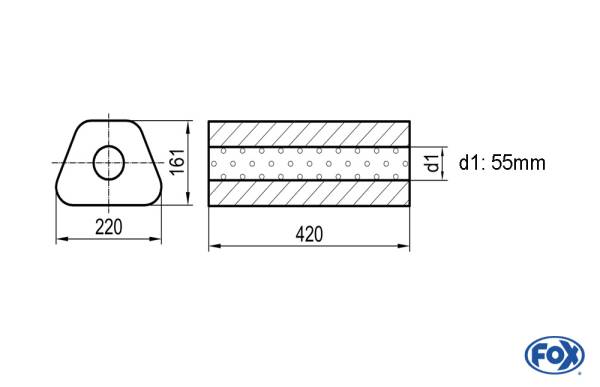 Uni-Schalldämpfer Trapezoid ohne Stutzen - Abwicklung 644 220x161mm, d1Ø 55mm, Länge: 420mm