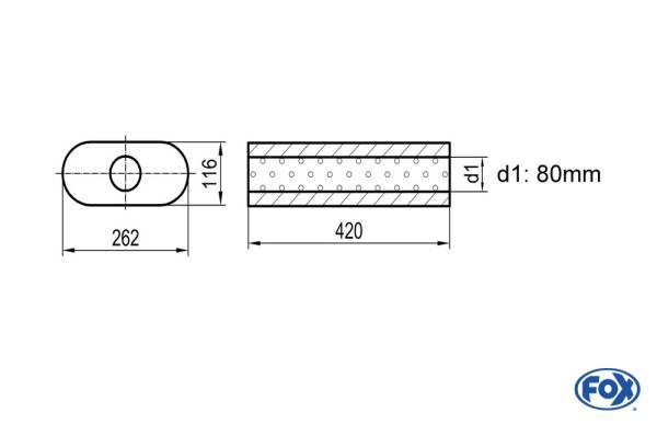 Uni-Schalldämpfer oval ohne Stutzen - Abwicklung 650 262x116mm, d1Ø 80mm, Länge: 420mm