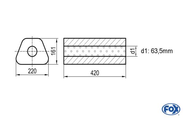 Uni-Schalldämpfer Trapezoid ohne Stutzen - Abwicklung 644 220x161mm, d1Ø 63,5mm, Länge: 420mm
