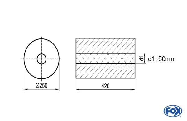 Uni-Schalldämpfer rund ohne Stutzen - Abwicklung 784 Ø 250mm, d1: 50mm, Länge: 420mm