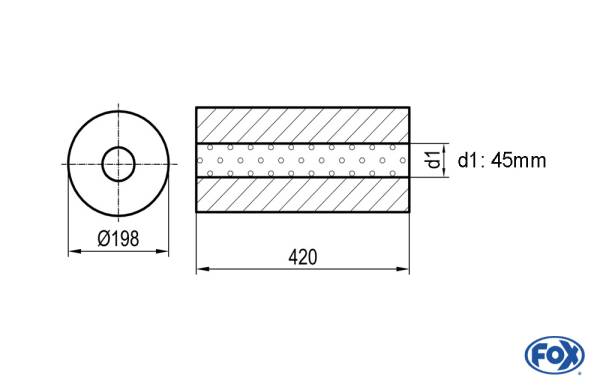 Uni-Schalldämpfer rund ohne Stutzen - Abwicklung 626 Ø 198mm, d1Ø 45mm, Länge: 420mm -Ø 198mm