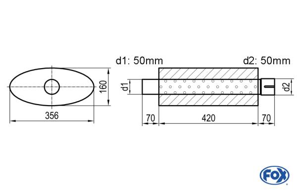 Uni-Schalldämpfer oval mit Stutzen - Abwicklung 818 356x160mm, d1Ø 50mm d2Ø 50,5mm, Länge: 420mm