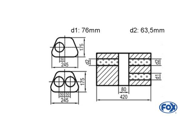 Uni-Schalldämpfer Trapezoid zweiflutig mit Kammer - Abw. 711 245x175mm, d1Ø 76mm d2Ø 63,5mm, Länge: