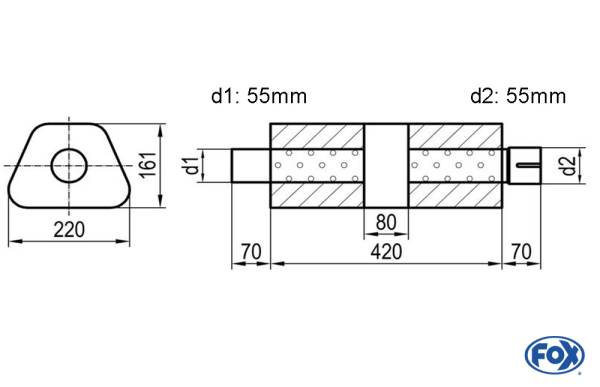 Uni-Schalldämpfer trapez mit Kammer + Stutzen - Abw. 644 220x161mm, d1Ø 55mm (außen), d2Ø 55mm (inne