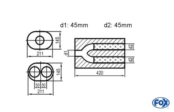 Uni-Schalldämpfer oval zweiflutig mit Hose - Abwicklung 585 211x145mm, d1Ø 45mm d2Ø 40mm, Länge: 42