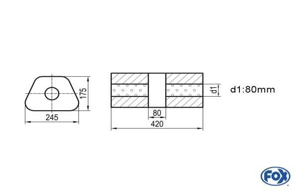 Uni-Schalldämpfer trapez ohne Stutzen mit Kammer - Abw. 711 245x175mm, d1Ø 80mm, Länge: 420mm