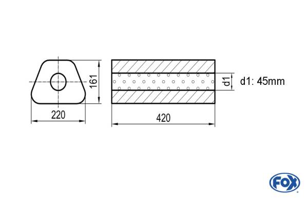 Uni-Schalldämpfer Trapezoid ohne Stutzen - Abwicklung 644 220x161mm, d1Ø 45mm, Länge: 420mm