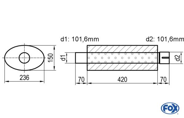 Uni-Schalldämpfer oval mit Stutzen - Abwicklung 618 236x150mm, d1Ø 101,6mm außen - d2Ø 106,6mm innen