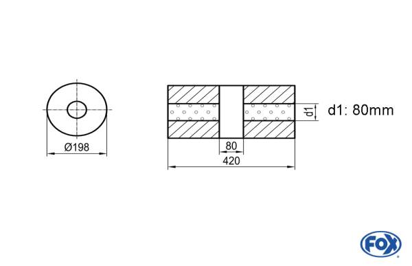 Uni-Schalldämpfer rund ohne Stutzen mit Kammer - Abw. 626 Ø 198mm, d1Ø 80mm (außen), Länge: 420mm