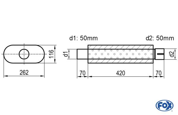 Uni-Schalldämpfer oval mit Stutzen - Abwicklung 650 262x116mm, d1Ø 50mm d2Ø 50,5mm, Länge: 420mm