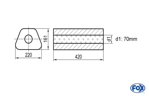 Uni-Schalldämpfer Trapezoid ohne Stutzen - Abwicklung 644 220x161mm, d1Ø 70mm, Länge: 420mm