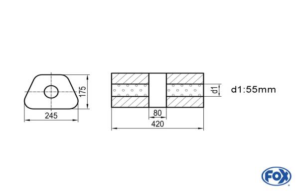 Uni-Schalldämpfer trapez ohne Stutzen mit Kammer - Abw. 711 245x175mm, d1Ø 55mm, Länge: 420mm