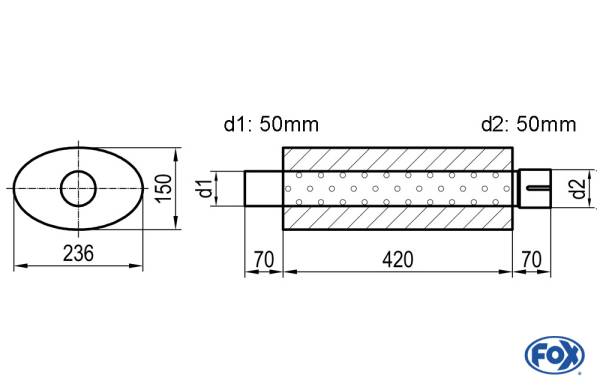Uni-Schalldämpfer oval mit Stutzen - Abwicklung 618 236x150mm, d1Ø 50mm d2Ø 50,5mm, Länge: 420mm