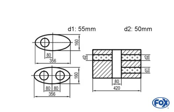 Uni-Schalldämpfer oval zweiflutig mit Kammer - Abw. 818 356x160mm, d1Ø 55mm d2Ø 50mm, Länge: 420mm