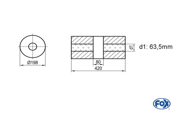 Uni-Schalldämpfer rund ohne Stutzen mit Kammer - Abw. 626 Ø 198mm, d1Ø 63,5mm (außen), Länge: 420mm