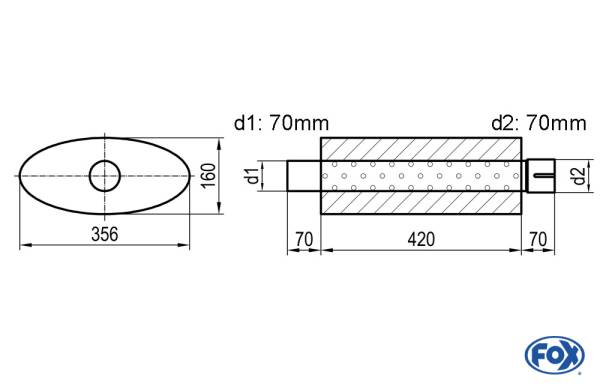 Uni-Schalldämpfer oval mit Stutzen - Abwicklung 818 356x160mm, d1Ø 70mm d2Ø 70,5mm, Länge: 420mm