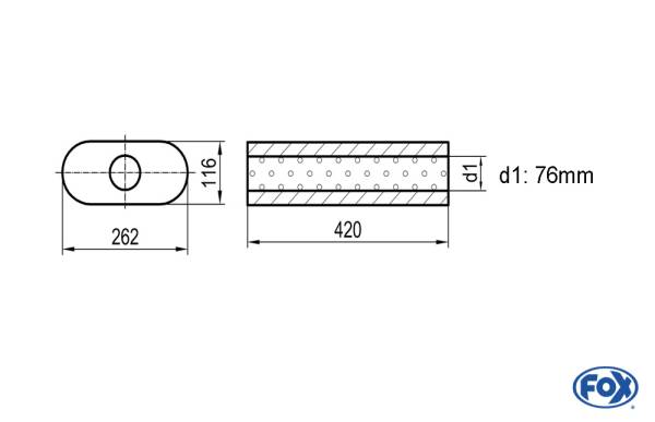 Uni-Schalldämpfer oval ohne Stutzen - Abwicklung 650 262x116mm, d1Ø 76mm, Länge: 420mm